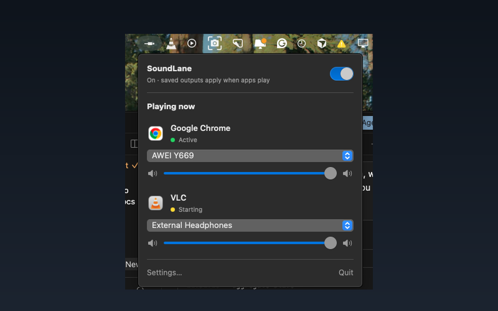 SoundLane menu bar popover showing per-app audio routing