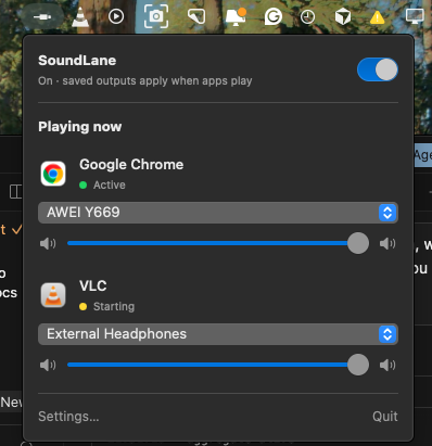 SoundLane menu bar showing Chrome Active on a Bluetooth speaker