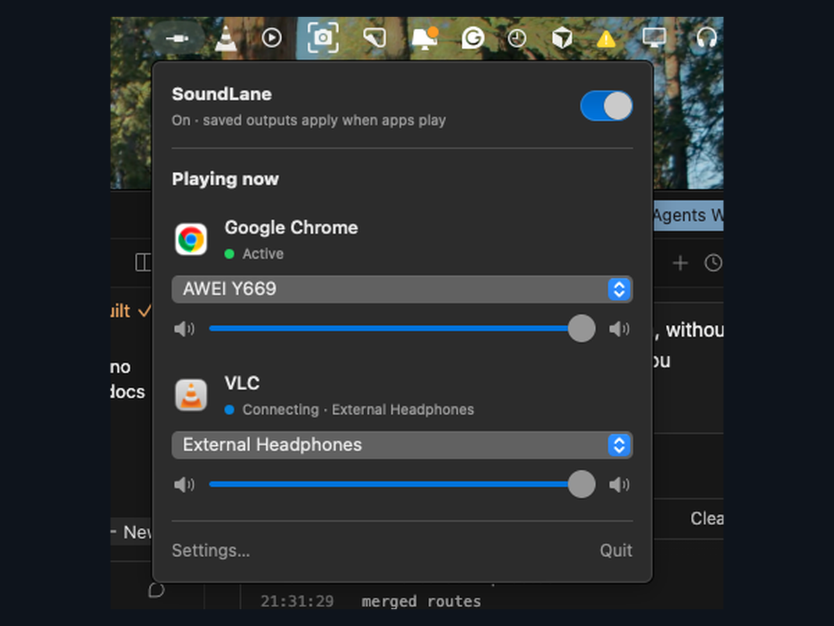 SoundLane menu bar showing Ready and status while connecting